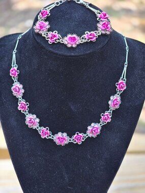 Vtg 90's Y2K Avon Metallic Frosted Pink Rose Nina Ricci Choker Bracelet 2 Pc Set